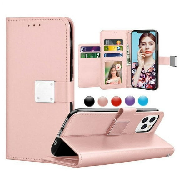 Wallet Card Case for iPhone 12/12 Pro PU Leather Wallet Case Cover [Stand Feature] with Wrist Strap and [6-Slots] ID&Credit Cards Pocket for iPhone 12/12 Pro 6.1 inch - Rose