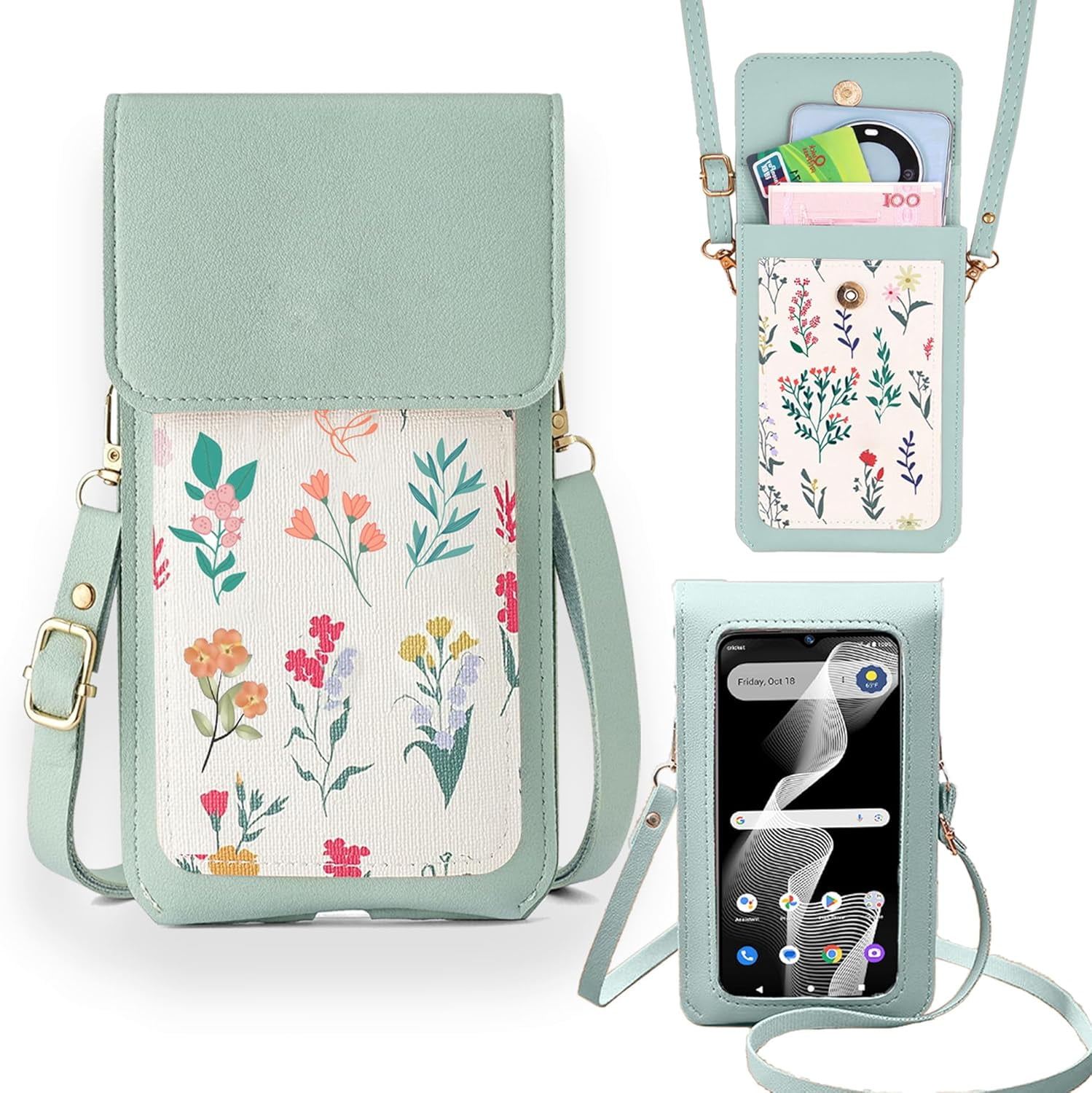 Wallet Case For AirVoice A67L 6.7" [Long Lanyard Strap] Clear Touch Screen  Crossbody Bag Purse, Mint Floral Pattern PU Leather Long Shoulder Handbag  With Wristlet AirVoice A67L Cover for Women - Walmart.com