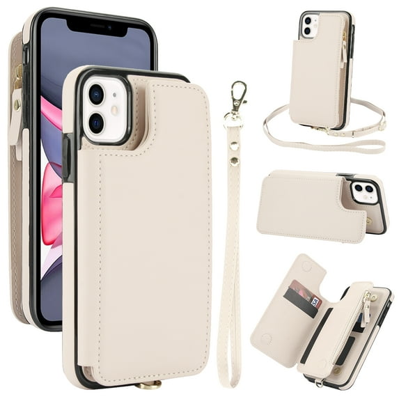 Wallet Case for Apple iPhone 11, with Crossbody Shoulder Strap & Hand Wrist Cards Holder Zipper Pocket Stand Feature Full Protective Shockpoof Phone Case for iPhone 11, White