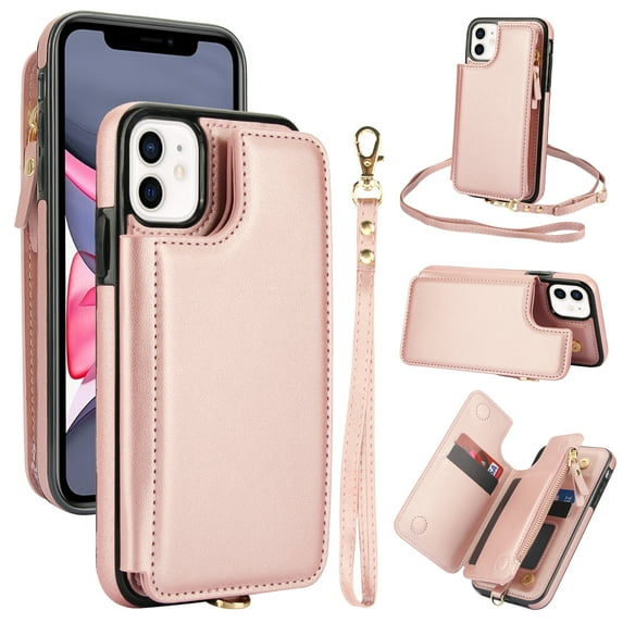 Wallet Case for Apple iPhone 11, with Crossbody Shoulder Strap & Hand Wrist Cards Holder Zipper Pocket Stand Feature Full Protective Shockpoof Phone Case for iPhone 11, Rosegold