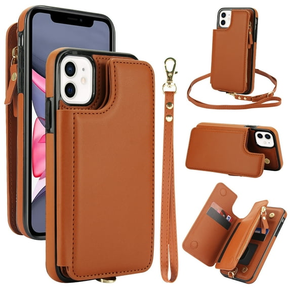 Wallet Case for Apple iPhone 12 Pro / iPhone 12 6.1", with Crossbody Shoulder Strap & Hand Wrist Cards Holder Zipper Pocket Stand Feature Full Protective Shockpoof Case for iPhone 12 Pro / 12, Brown