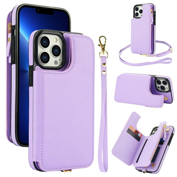 Wallet Case for Apple iPhone 12 Pro Max, with Crossbody Shoulder Strap & Hand Wrist Cards Holder Zipper Pocket Stand Feature Full Protective Shockpoof Phone Case for iPhone 12 Pro Max, Lightpurple