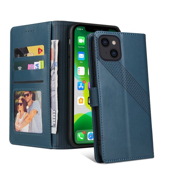 Wallet Case for Apple iPhone 13 6.1",PU Leather Case with Card Holder Magnetic Closure Folio Flip Kickstand Protective Shockproof Phone Case Cover For iPhone 13,Blue