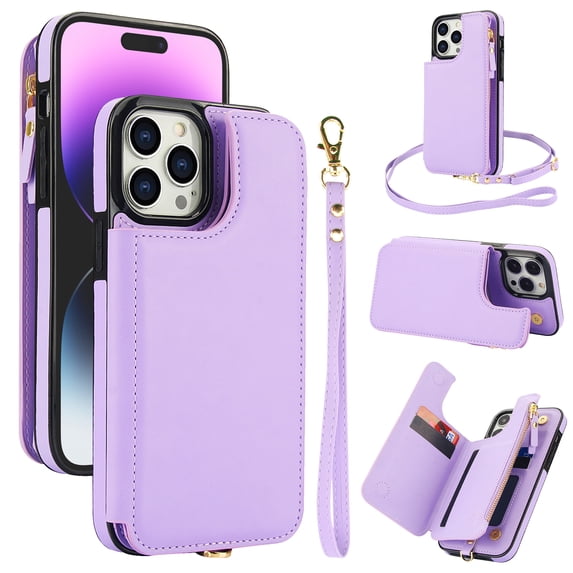 Wallet Case for Apple iPhone 13 Pro, with Crossbody Shoulder Strap & Hand Wrist Cards Holder Zipper Pocket Stand Feature Full Protective Shockpoof Phone Case for iPhone 13 Pro, Lightpurple