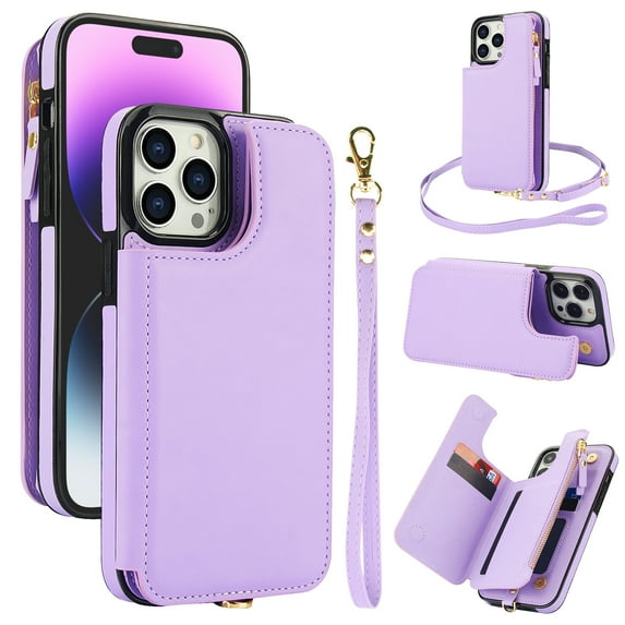 Wallet Case for Apple iPhone 13 Pro Max, with Crossbody Shoulder Strap & Hand Wrist Cards Holder Zipper Pocket Stand Feature Full Protective Shockpoof Phone Case for iPhone 13 Pro Max, Lightpurple