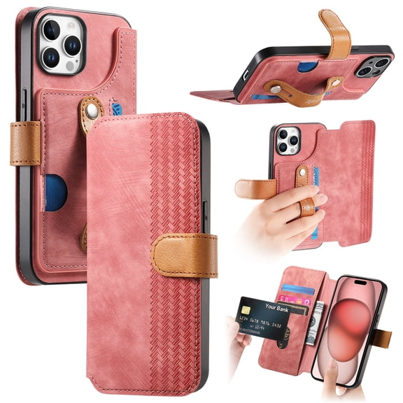 Wallet Case for Apple iPhone 13 Pro Max, Premium PU Leather Cards Holder RFID Blocking Flip Cover Stand Hand Strap Full Protective Shockproof Phone Case for Women Men, Pink