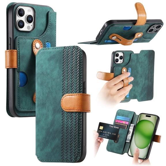 Wallet Case for Apple iPhone 13 Pro Max, Premium PU Leather Cards Holder RFID Blocking Flip Cover Stand Hand Strap Full Protective Shockproof Phone Case for Women Men, Green