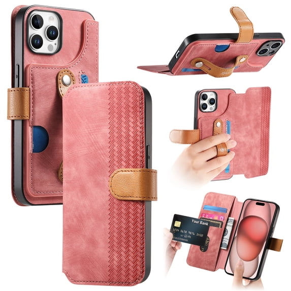 Wallet Case for Apple iPhone 13 Pro, Premium PU Leather Cards Holder RFID Blocking Flip Cover Stand Hand Strap Full Protective Shockproof Phone Case for Women Men, Pink