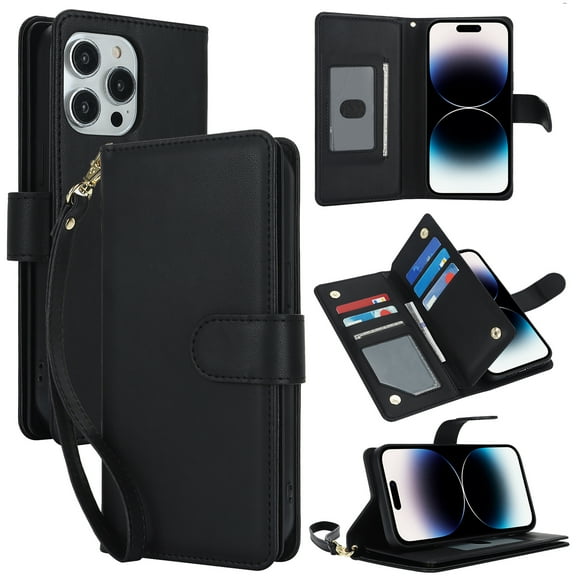 Wallet Case for Apple iPhone 13, RFID Blocking Flip Cover with 7 Card Slots, Cash Compartment Magnetic Closure Hands-Free Stand, Slim Protective Phone Case with Wrist Strap,Black