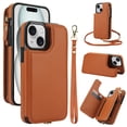thumbnail image 1 of Wallet Case for Apple iPhone 14, with Crossbody Shoulder Strap & Hand Wrist Cards Holder Zipper Pocket Stand Feature Full Protective Shockpoof Phone Case for iPhone 14, Brown, 1 of 8