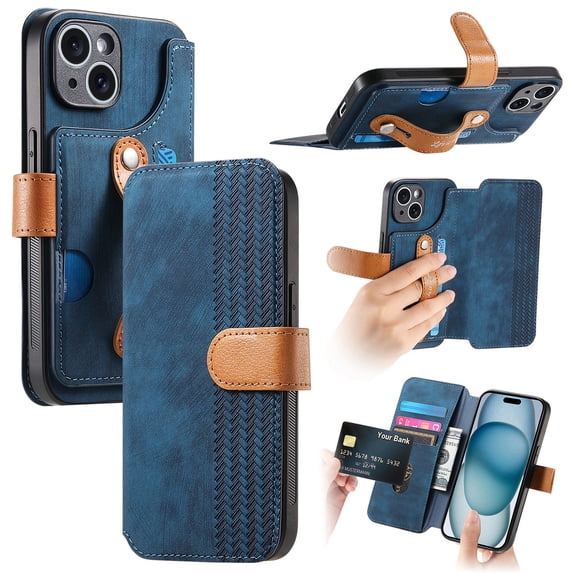 Wallet Case for Apple iPhone 14, Premium PU Leather Cards Holder RFID Blocking Flip Cover Stand Hand Strap Full Protective Shockproof Phone Case for Women Men, Blue