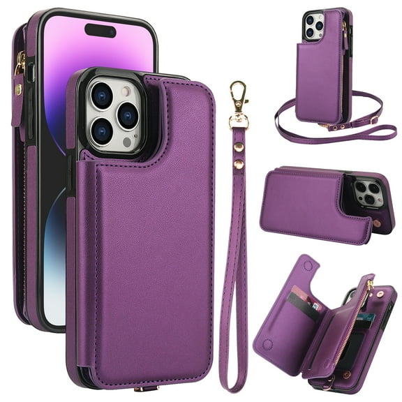 Wallet Case for Apple iPhone 14 Pro, with Crossbody Shoulder Strap & Hand Wrist Cards Holder Zipper Pocket Stand Feature Full Protective Shockpoof Phone Case for iPhone 14 Pro, Darkpurple