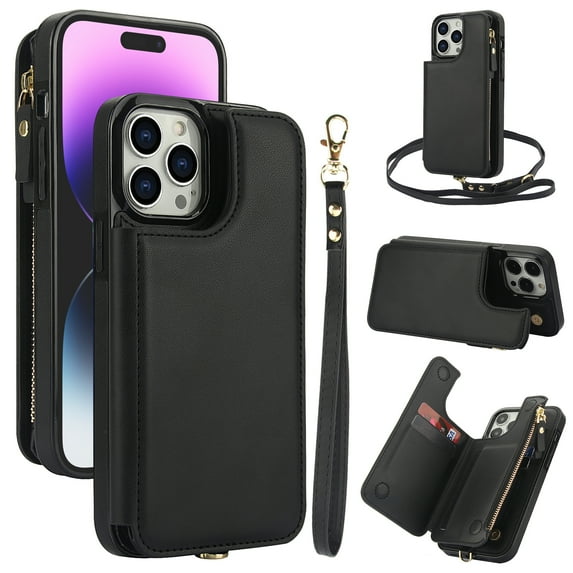 Wallet Case for Apple iPhone 14 Pro Max, with Crossbody Shoulder Strap & Hand Wrist Cards Holder Zipper Pocket Stand Feature Full Protective Shockpoof Phone Case for iPhone 14 Pro Max, Black