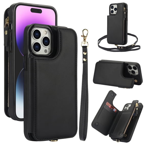 Wallet Case for Apple iPhone 14 Pro Max, with Crossbody Shoulder Strap & Hand Wrist Cards Holder Zipper Pocket Stand Feature Full Protective Shockpoof Phone Case for iPhone 14 Pro Max, Black
