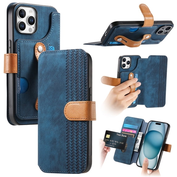 Wallet Case for Apple iPhone 14 Pro Max, Premium PU Leather Cards Holder RFID Blocking Flip Cover Stand Hand Strap Full Protective Shockproof Phone Case for Women Men, Blue