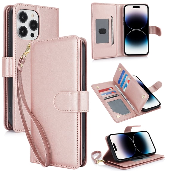 Wallet Case for Apple iPhone 14, RFID Blocking Flip Cover with 7 Card Slots, Cash Compartment Magnetic Closure Hands-Free Stand, Slim Protective Phone Case with Wrist Strap,Rosegold