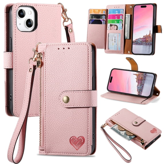 Wallet Case for Apple iPhone 14 Women Men, Durable PU Leather Magnetic Flip Lanyard Strap Wristlet Zipper Card Holder Kickstand Wallet Phone Case Cover Full Body Protection, Pink