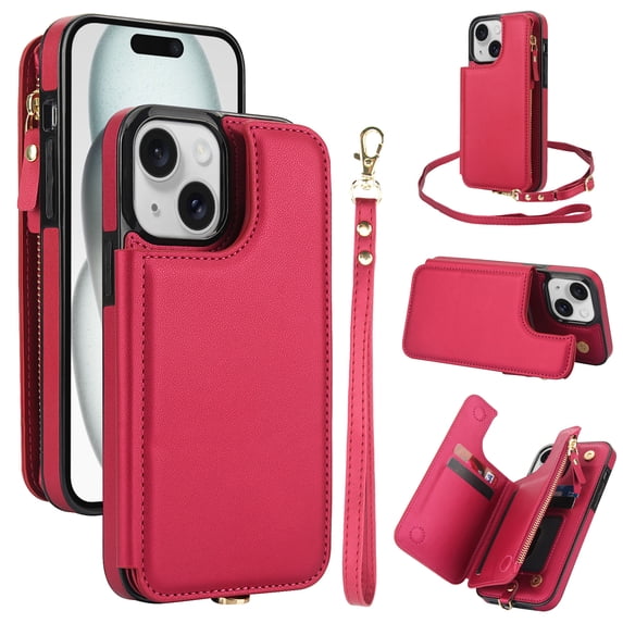 Wallet Case for Apple iPhone 15, with Crossbody Shoulder Strap & Hand Wrist Cards Holder Zipper Pocket Stand Feature Full Protective Shockpoof Phone Case for iPhone 15, Red