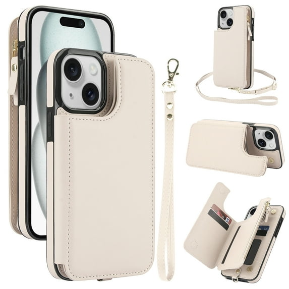 Wallet Case for Apple iPhone 15 Plus, with Crossbody Shoulder Strap & Hand Wrist Cards Holder Zipper Pocket Stand Feature Full Protective Shockpoof Phone Case for iPhone 15 Plus, White