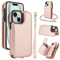 Wallet Case for Apple iPhone 15 Plus, with Crossbody Shoulder Strap & Hand Wrist Cards Holder Zipper Pocket Stand Feature Full Protective Shockpoof Phone Case for iPhone 15 Plus, Rosegold