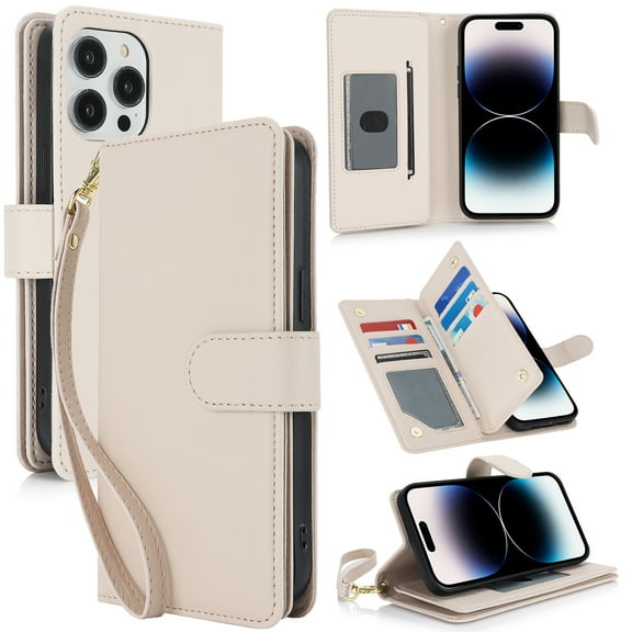 Wallet Case for Apple iPhone 15 Plus, RFID Blocking Flip Cover with 7 Card Slots, Cash Compartment Magnetic Closure Hands-Free Stand, Slim Protective Phone Case with Wrist Strap,Apricot