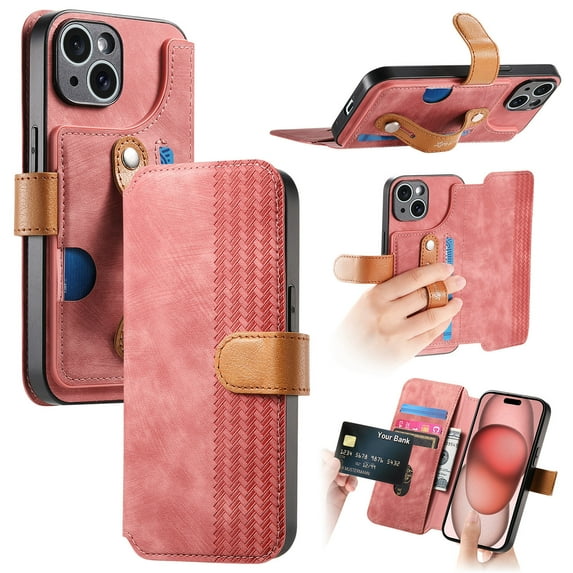 Wallet Case for Apple iPhone 15, Premium PU Leather Cards Holder RFID Blocking Flip Cover Stand Hand Strap Full Protective Shockproof Phone Case for Women Men, Pink