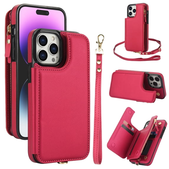 Wallet Case for Apple iPhone 15 Pro, with Crossbody Shoulder Strap & Hand Wrist Cards Holder Zipper Pocket Stand Feature Full Protective Shockpoof Phone Case for iPhone 15 Pro, Red