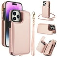 thumbnail image 1 of Wallet Case for Apple iPhone 15 Pro, with Crossbody Shoulder Strap & Hand Wrist Cards Holder Zipper Pocket Stand Feature Full Protective Shockpoof Phone Case for iPhone 15 Pro, Rosegold, 1 of 7
