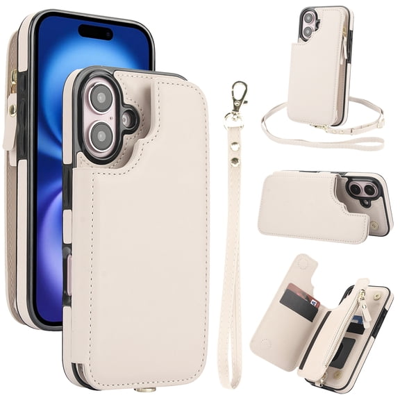 Wallet Case for Apple iPhone 16, with Crossbody Shoulder Strap & Hand Wrist Cards Holder Zipper Pocket Stand Feature Full Protective Shockpoof Phone Case for iPhone 16, White