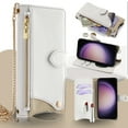 thumbnail image 1 of Wallet Case for Apple iPhone 16 with Makeup Mirror, Detachable Metal Shoulder Strap Cards Slots Zipper Pocket Shockproof Protective Phone Case for iPhone 16, White, 1 of 8