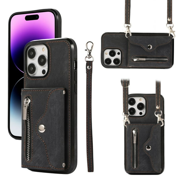 Wallet Case for Apple iPhone 16 Pro, Crossbody Shoulder Strap Hand Wrist Cards Holder Zipper Cash Pocket Stand Feature Shockproof Bumper Phone Case for Apple iPhone 16 Pro, Black