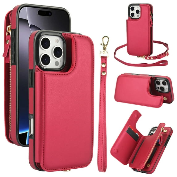 Wallet Case for Apple iPhone 16 Pro, with Crossbody Shoulder Strap & Hand Wrist Cards Holder Zipper Pocket Stand Feature Full Protective Shockpoof Phone Case for iPhone 16 Pro, Red