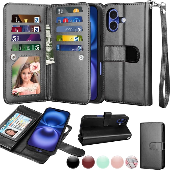 Wallet Case for Apple iPhone 17 Wallet Case 6.3" 5G (2025), [9 Card Slots] Luxury PU Leather Credit Holder Carrying Folio Flip [Detachable] Kickstand Magnetic Phone Cover & Lanyard [Marble]