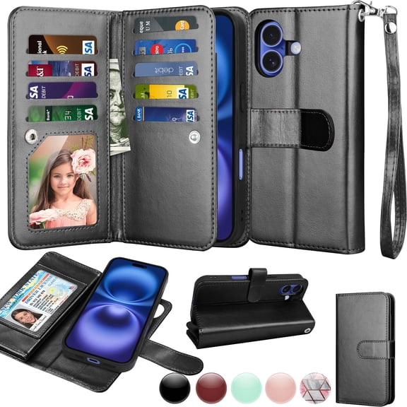 Wallet Case for Apple iPhone 17 Wallet Case 6.3" 5G (2025), [9 Card Slots] Luxury PU Leather Credit Holder Carrying Folio Flip [Detachable] Kickstand Magnetic Phone Cover & Lanyard [Black]