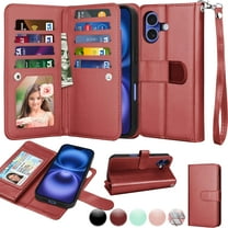 Wallet Case for Apple iPhone 17 Wallet Case 6.3" 5G (2025), [9 Card Slots] Luxury PU Leather Credit Holder Carrying Folio Flip [Detachable] Kickstand Magnetic Phone Cover & Lanyard [Wine]