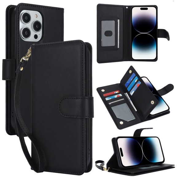 Wallet Case for Apple iPhone 7 / 8 / SE 2022 & 2020, RFID Blocking Flip Cover with 7 Card Slots, Cash Compartment Magnetic Closure Hands-Free Stand, Slim Protective Phone Case with Wrist Strap,Black