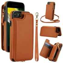 Wallet Case for Apple iPhone 7 / 8 / SE 3rd 2nd Gen 2022 & 2020, with Crossbody Shoulder Strap & Hand Wrist Cards Holder Zipper Pocket Stand Feature Full Protective Shockpoof Case for Women,Brown