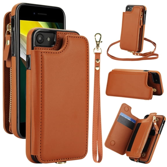Wallet Case for Apple iPhone 7 / 8 / SE 3rd 2nd Gen 2022 & 2020, with Crossbody Shoulder Strap & Hand Wrist Cards Holder Zipper Pocket Stand Feature Full Protective Shockpoof Case for Women,Brown