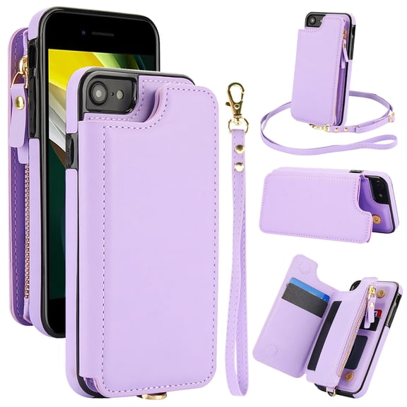 Wallet Case for Apple iPhone 7 / 8 / SE 3rd 2nd Gen 2022 & 2020, Crossbody Shoulder Strap & Hand Wrist Cards Holder Zipper Pocket Stand Feature Full Protective Shockpoof Case for Women,Lightpurple