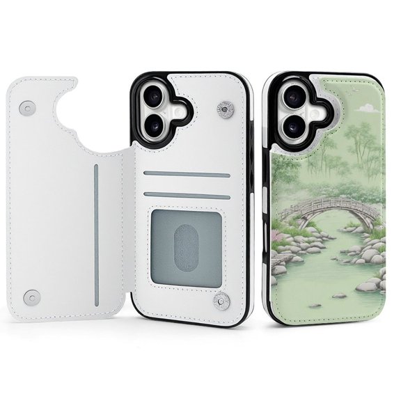 Wallet Case For Apple iPhone Air / 17 Pro / 17 Pro Max Series with Card Holder, PU Leather Kickstand Card Slots Screen Protector Included For iPhone 17 Series, Bamboo Wooden Bridge