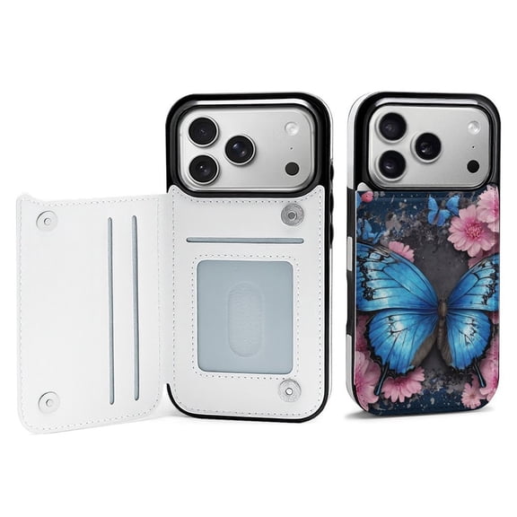 Wallet Case For Apple iPhone Air / 17 Pro / 17 Pro Max Series with Card Holder, PU Leather Kickstand Card Slots Screen Protector Included For iPhone 17 Series, Blue Butterfly Flowers