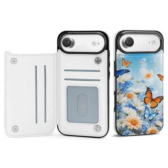 Wallet Case For Apple iPhone Air / 17 Pro / 17 Pro Max Series with Card Holder, PU Leather Kickstand Card Slots Screen Protector Included For iPhone 17 Series, Butterfly Meadow Sky
