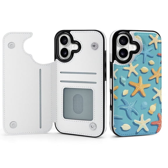 Wallet Case For Apple iPhone Air / 17 Pro / 17 Pro Max Series with Card Holder, PU Leather Kickstand Card Slots Screen Protector Included For iPhone 17 Series, Cartoon Starfish Shells