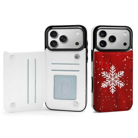 Wallet Case For Apple iPhone Air / 17 Pro / 17 Pro Max Series with Card Holder, PU Leather Kickstand Card Slots Screen Protector Included For iPhone 17 Series, Christmas Snowflakes Red