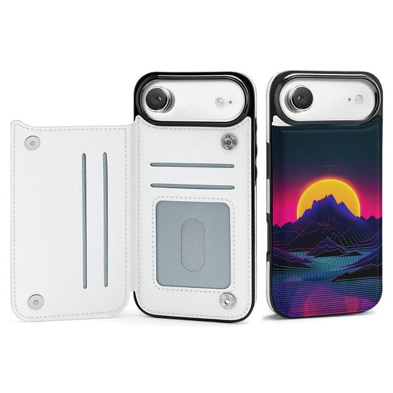 Wallet Case For Apple iPhone Air / 17 Pro / 17 Pro Max Series with Card Holder, PU Leather Kickstand Card Slots Screen Protector Included For iPhone 17 Series, Cyber Neon Mountains