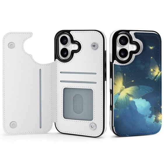 Wallet Case For Apple iPhone Air / 17 Pro / 17 Pro Max Series with Card Holder, PU Leather Kickstand Card Slots Screen Protector Included For iPhone 17 Series, Glowing Butterfly Sky