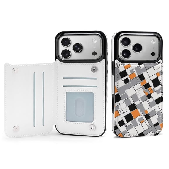 Wallet Case For Apple iPhone Air / 17 Pro / 17 Pro Max Series with Card Holder, PU Leather Kickstand Card Slots Screen Protector Included For iPhone 17 Series, Gray And Orange Squares