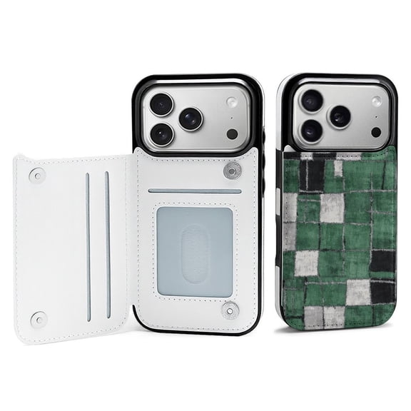Wallet Case For Apple iPhone Air / 17 Pro / 17 Pro Max Series with Card Holder, PU Leather Kickstand Card Slots Screen Protector Included For iPhone 17 Series, Green Black White Squares