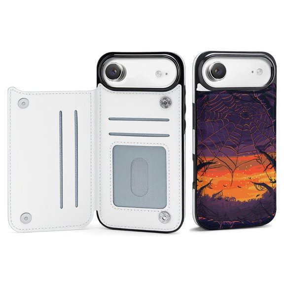 Wallet Case For Apple iPhone Air / 17 Pro / 17 Pro Max Series with Card Holder, PU Leather Kickstand Card Slots Screen Protector Included For iPhone 17 Series, Halloween Cob Web