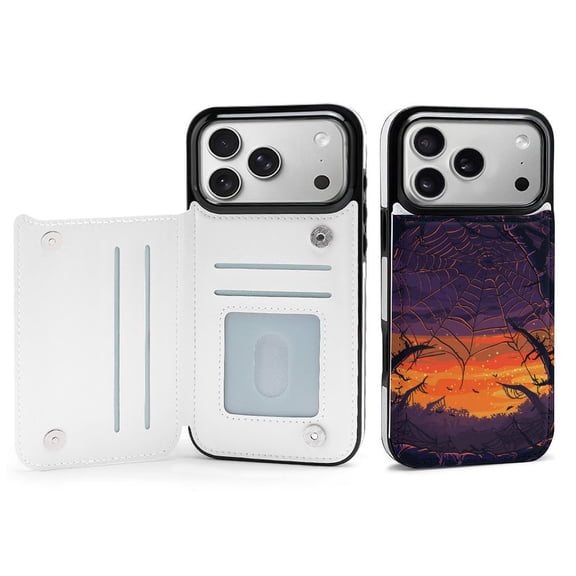 Wallet Case For Apple iPhone Air / 17 Pro / 17 Pro Max Series with Card Holder, PU Leather Kickstand Card Slots Screen Protector Included For iPhone 17 Series, Halloween Cob Web
